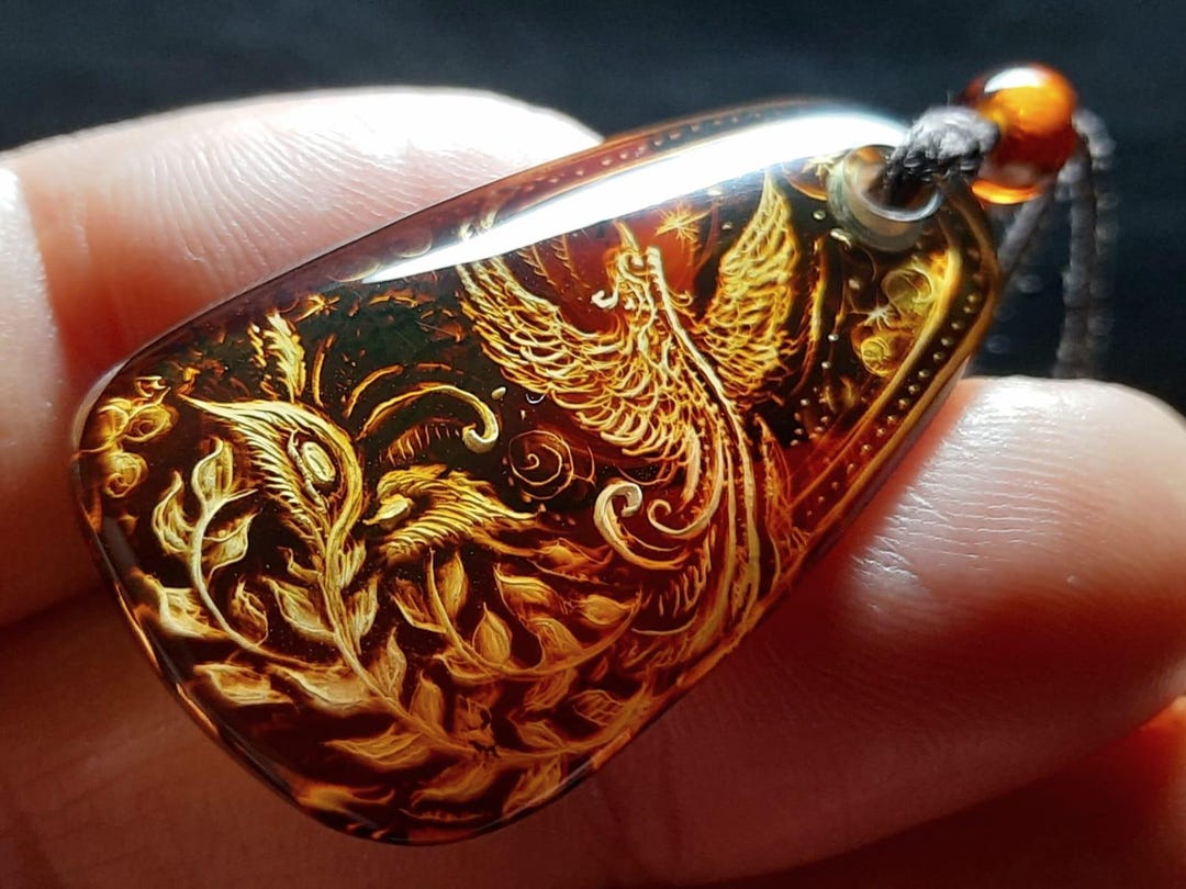 Baltic Amber Phoenix Pendant, Hand Carved Fire Bird Necklace, Symbol of ...