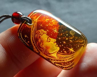 andmade Amber ketting met maanontwerp - natuurlijke edelsteen hanger - hemelse sieraden - uniek cadeau-idee"