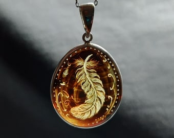 Baltische Amber 925 Sterling Zilver Natuurlijke Edelsteen Elegante Hanger Sieraden Handgemaakte Sieraden veer geborduurde ketting