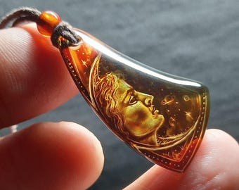 andmade Amber ketting met maanontwerp - natuurlijke edelsteen hanger - hemelse sieraden - uniek cadeau-idee"