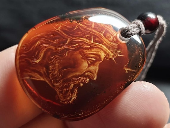 Jesus Amber Pendant Necklace | Handcrafted Religious Jewelry | Christian Faith Gift | Natural Honey & Brown Amber