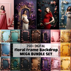 Puede incluir: Un mega paquete de fondos digitales con más de 250 fondos de marco floral. Las imágenes muestran una variedad de arreglos florales, colores y estilos, incluyendo un marco dorado con flores moradas, un marco negro con flores rosas y un marco blanco con flores amarillas.