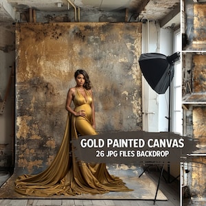 May include: A gold painted canvas backdrop with a textured surface. The backdrop is displayed in a studio setting with a model wearing a gold dress. The text "GOLD PAINTED CANVAS 26 JPG FILES BACKDROP" is displayed on the backdrop.