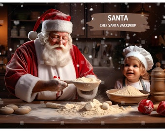 Cooking With Santa Backdrops, Santa Christmas Kitchen Digital Backdrop, Santa Baking Cookies, Magical Background Template, Photoshop Overlay