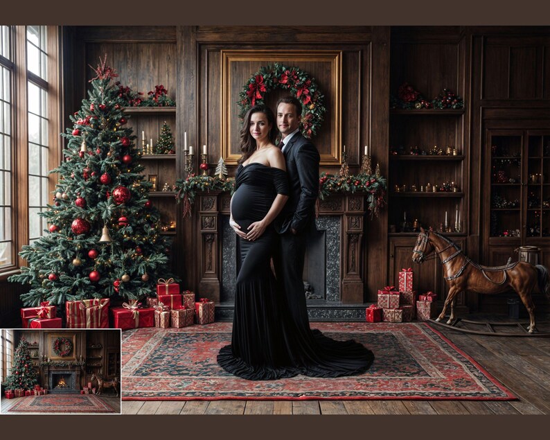 May include: A pregnant woman in a black dress stands with a man in a suit in front of a fireplace decorated with a Christmas wreath. A Christmas tree with red and gold ornaments is in the background.