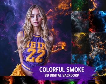 May include: A collection of 89 digital backdrops featuring colorful smoke in various shades and patterns. The smoke is abstract and swirling, creating a vibrant and dynamic background.