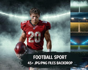 May include: A football player in a red jersey with the number 20 on it, holding a football. The player is standing on a green field with a white line in the middle. The background is a blurry image of a football stadium with lights and smoke.