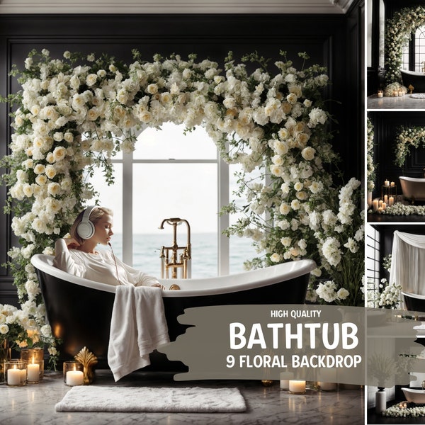 Elegant Bathtub Photography Backdrops, Floral Vintage Bathtub Background, Bathtub Room For Portrait Maternity Backgrounds, Photoshop Overlay