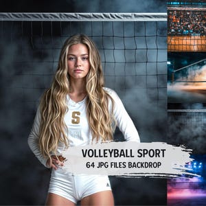 Cenários e sobreposições de vôlei personalizados | Cartazes esportivos, banner sênior, fundos digitais de vôlei, efeitos de neblina, modelos de jogadores escolares