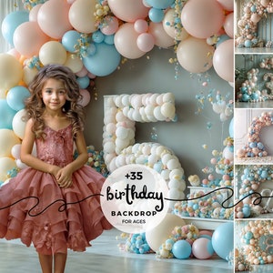 May include: A girl in a pink dress stands in front of a backdrop of pastel blue and pink balloons. The balloons are arranged in arches and form the number 5. The text '+35 birthday backdrop for ages' is visible in the image.