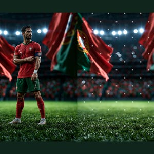Puede incluir: Un jugador de f&uacute;tbol con una camiseta roja con el n&uacute;mero 7, pantalones cortos verdes y calcetines rojos, de pie en un campo de c&eacute;sped. Se ven grandes banderas portuguesas al fondo, junto con luces de estadio y una multitud borrosa.