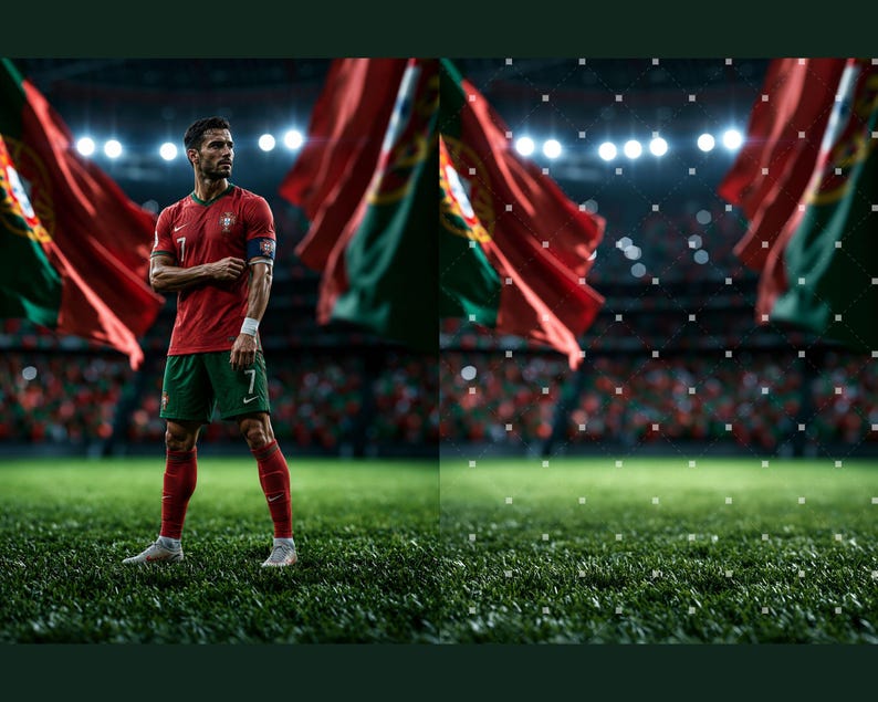 Puede incluir: Un jugador de f&uacute;tbol con una camiseta roja con el n&uacute;mero 7, pantalones cortos verdes y calcetines rojos, de pie en un campo de c&eacute;sped. Se ven grandes banderas portuguesas al fondo, junto con luces de estadio y una multitud borrosa.