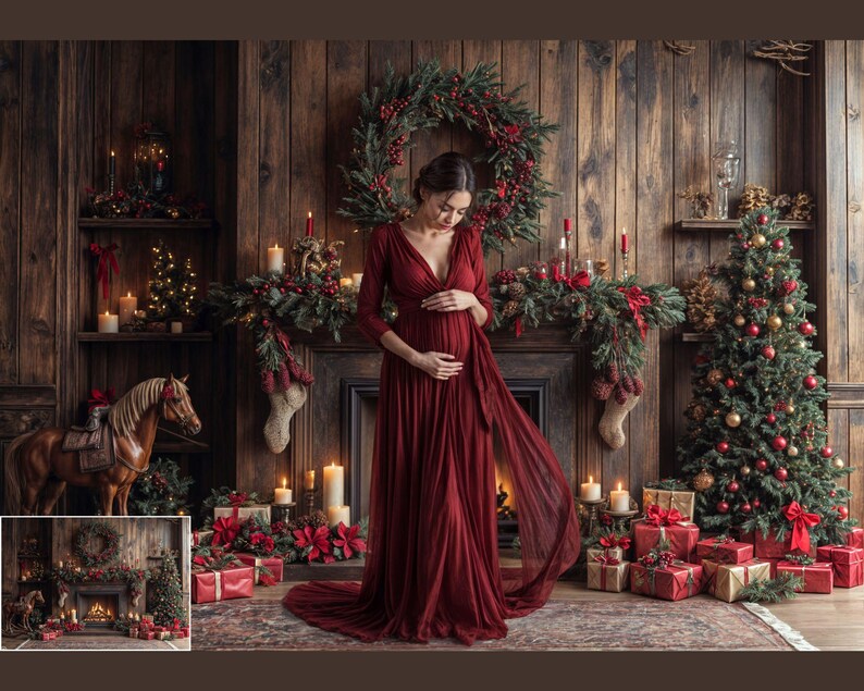 May include: A pregnant woman in a long, red dress stands in front of a fireplace decorated with Christmas greenery. A Christmas tree with ornaments is in the background.