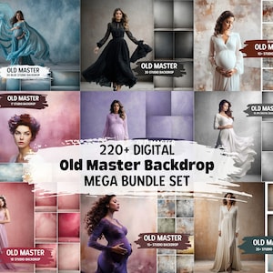 May include: A digital backdrop bundle set with 220+ Old Master style backgrounds. The backgrounds are a variety of colors and textures, including gray, brown, pink, and blue. The text "220+ DIGITAL Old Master Backdrop MEGA BUNDLE SET" is written in white on a black background.