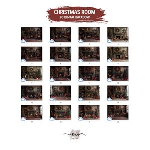 May include: A digital backdrop set of 20 images featuring a Christmas room with a fireplace, decorated Christmas tree, and various ornaments. The images are numbered 1 through 20.