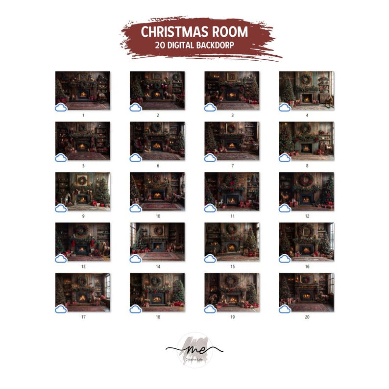 May include: A digital backdrop set of 20 images featuring a Christmas room with a fireplace, decorated Christmas tree, and various ornaments. The images are numbered 1 through 20.