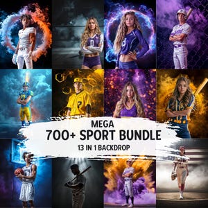 May include: A composite image featuring athletes in various sports, including football, volleyball, and baseball, set against dynamic, colorful backgrounds. The text "MEGA 700+ SPORT BUNDLE" is prominently displayed, indicating a collection of sports-themed backdrops.