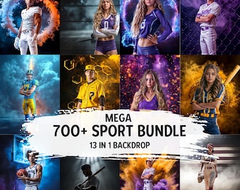 May include: A composite image featuring athletes in various sports, including football, volleyball, and baseball, set against dynamic, colorful backgrounds. The text "MEGA 700+ SPORT BUNDLE" is prominently displayed, indicating a collection of sports-themed backdrops.