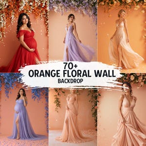 Könnte beinhalten: Eine Collage von Frauen in fließenden Kleidern vor floralen Hintergründen. Die Kleider sind in Rot-, Lavendel- und Pfirsichtönen gehalten. Das Bild enthält den Text "70+ ORANGE FLORAL WALL BACKDROP".