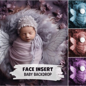 Newborn Face Insert Digital Backdrops, Photoshop Composite Pink Backgrounds, Blue Butterfly concept Newborn Overlay, Baby Add Face Backdrop