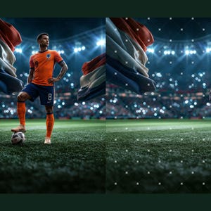 Puede incluir: Un jugador de f&uacute;tbol con camiseta naranja con el n&uacute;mero 9 y pantalones cortos azul oscuro con el n&uacute;mero 8, de pie en un campo de c&eacute;sped con un pie sobre un bal&oacute;n, con una gran bandera holandesa ondeando en un estadio.