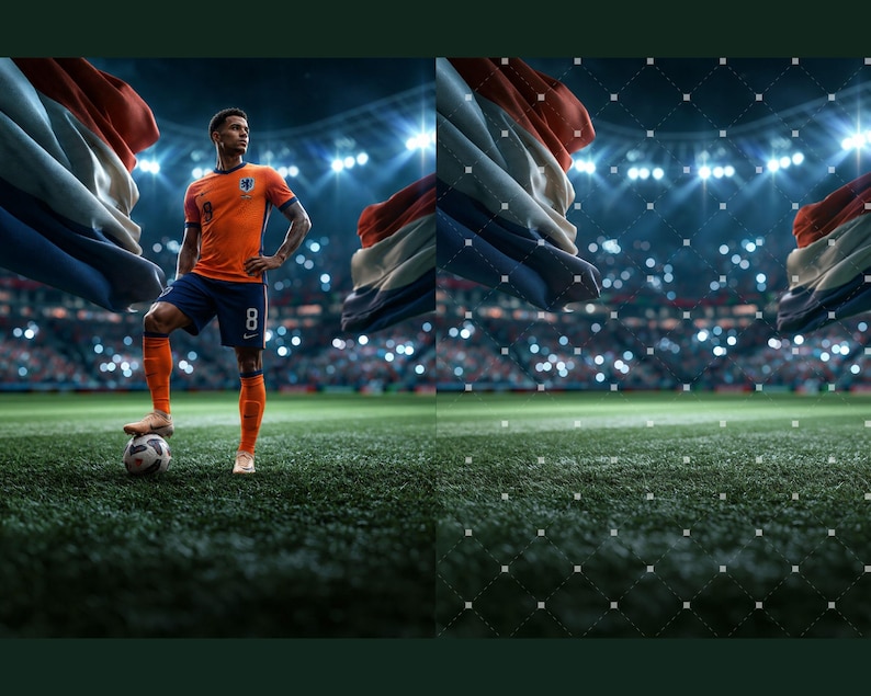 Puede incluir: Un jugador de f&uacute;tbol con camiseta naranja con el n&uacute;mero 9 y pantalones cortos azul oscuro con el n&uacute;mero 8, de pie en un campo de c&eacute;sped con un pie sobre un bal&oacute;n, con una gran bandera holandesa ondeando en un estadio.