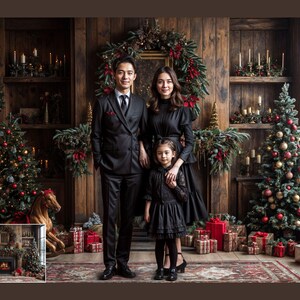 May include: A family of three poses in front of a fireplace and Christmas trees. The father wears a black suit and tie, the mother wears a black dress, and the child wears a black dress with lace trim. The fireplace is decorated with greenery and candles. The Christmas trees are decorated with ornaments and lights.
