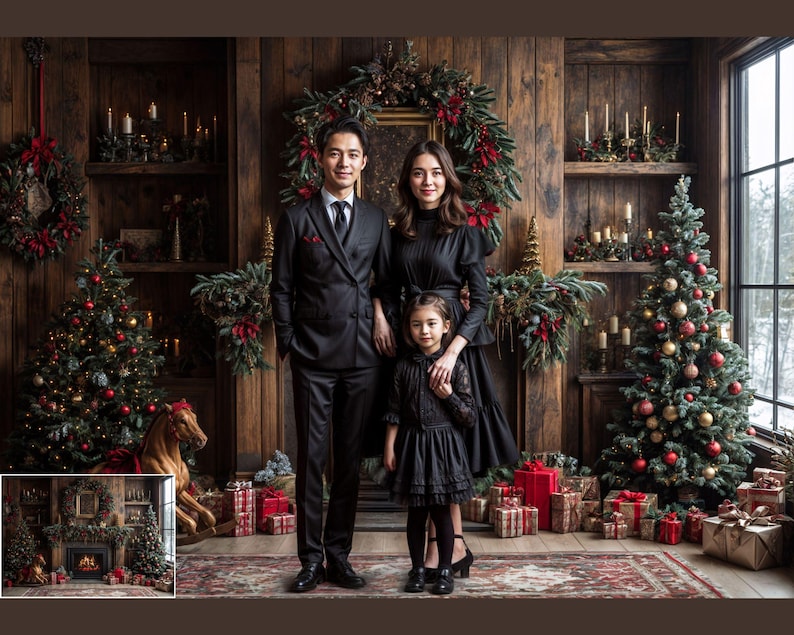 May include: A family of three poses in front of a fireplace and Christmas trees. The father wears a black suit and tie, the mother wears a black dress, and the child wears a black dress with lace trim. The fireplace is decorated with greenery and candles. The Christmas trees are decorated with ornaments and lights.