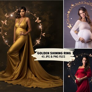 May include: Three pregnant women in different colored dresses pose in front of a golden ring with butterflies and sparkles. The ring is a digital overlay.