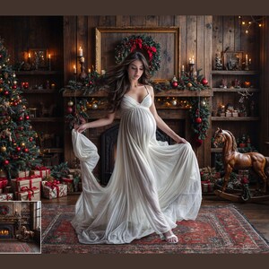May include: A pregnant woman in a white flowing gown stands in front of a fireplace decorated with Christmas lights and greenery. A rocking horse is in the background.