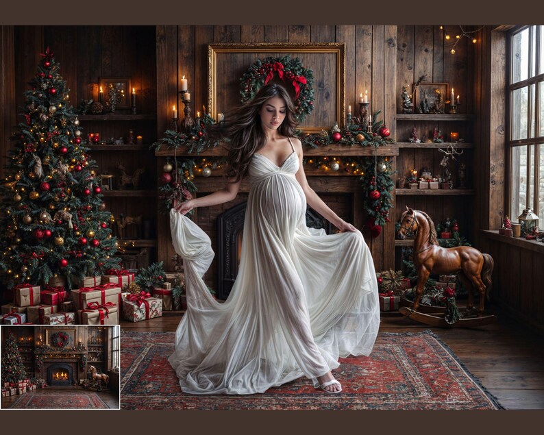 May include: A pregnant woman in a white flowing gown stands in front of a fireplace decorated with Christmas lights and greenery. A rocking horse is in the background.