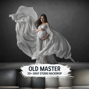 Może przedstawiać: Kobieta w ciąży w płynącej białej sukience stoi przed szarym tłem. Tekst "OLD MASTER 30+ GRAY STUDIO BACKDROP" jest napisany na czarnym pociągnięciu pędzla białym kolorem.
