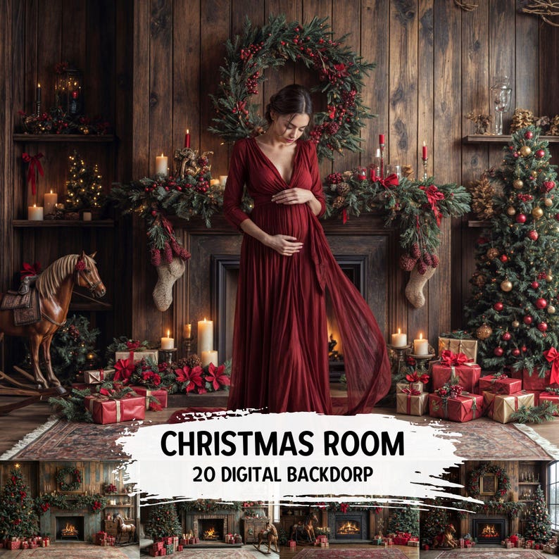 May include: A pregnant woman in a red dress stands in front of a fireplace decorated for Christmas. The fireplace is surrounded by greenery, candles, and presents. The woman is holding her belly and looking down. The background is a wooden wall with a wreath hanging on it.