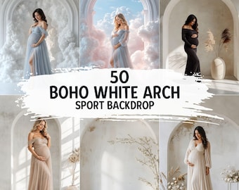May include: A composite image featuring six scenes with pregnant people in elegant gowns. The scenes are set in white archways and against cloud-filled backdrops. Text reads "50 BOHO WHITE ARCH SPORT BACKDROP".