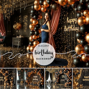 May include: Elegant birthday backdrop with gold and black balloons, confetti, and a sign that says "happy birthday".
