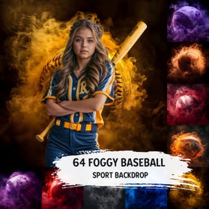 May include: A young person wearing a baseball uniform and holding a bat stands in front of a baseball-themed backdrop with a smoky, foggy effect. The backdrop features a baseball with flames and smoke in various colors, including red, orange, purple, and blue.