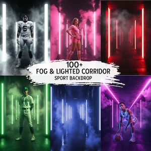 May include: A composite image showcasing various sports backdrops with fog and neon lighting. The image features athletes in football, volleyball, baseball, basketball, and a corridor with red neon lights. Text overlay reads "100+ FOG & LIGHTED CORRIDOR SPORT BACKDROP."