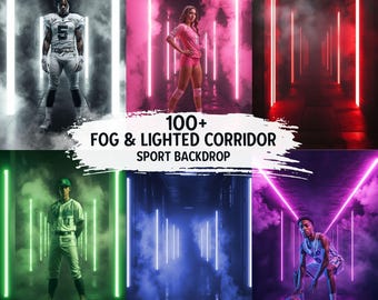 May include: A composite image showcasing various sports backdrops with fog and neon lighting. The image features athletes in football, volleyball, baseball, basketball, and a corridor with red neon lights. Text overlay reads "100+ FOG & LIGHTED CORRIDOR SPORT BACKDROP."