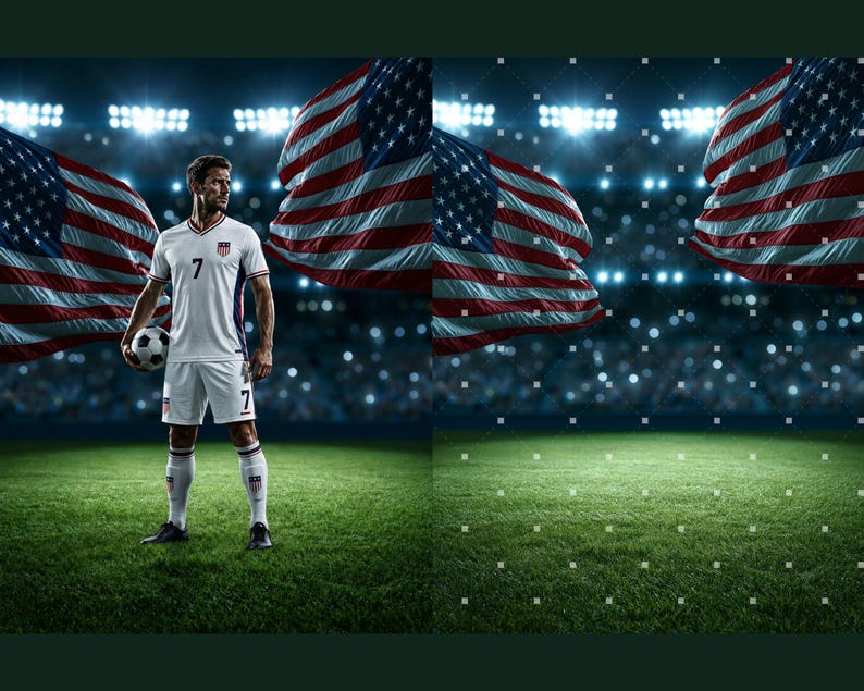 Puede incluir: Un jugador de f&uacute;tbol con camiseta blanca con el n&uacute;mero 7 y pantalones cortos blancos a juego, de pie en un campo de c&eacute;sped. El jugador sostiene un bal&oacute;n de f&uacute;tbol blanco y negro. Grandes banderas estadounidenses ondean bajo focos.