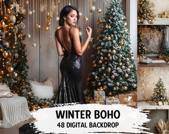 Boho Christmas Digital Backdrops and Overlays | Fine Art Textures, Floral Backdrop & Maternity Photo Props | Beige Winter Photography Design