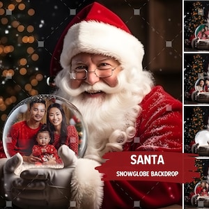 May include: Santa Claus in a red suit holds a snow globe with a family inside. The snow globe is clear and shows a family of three, a man, a woman, and a child. The snow globe is surrounded by a white, fluffy beard. The background is a blurry image of a Christmas tree with lights.