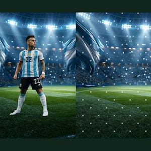 Puede incluir: Un jugador de f&uacute;tbol con una camiseta a rayas azul claro y blanca con el n&uacute;mero 22, pantalones cortos negros y calcetines blancos de pie en un campo de c&eacute;sped dentro de un gran estadio con luces brillantes y banderas de fondo.