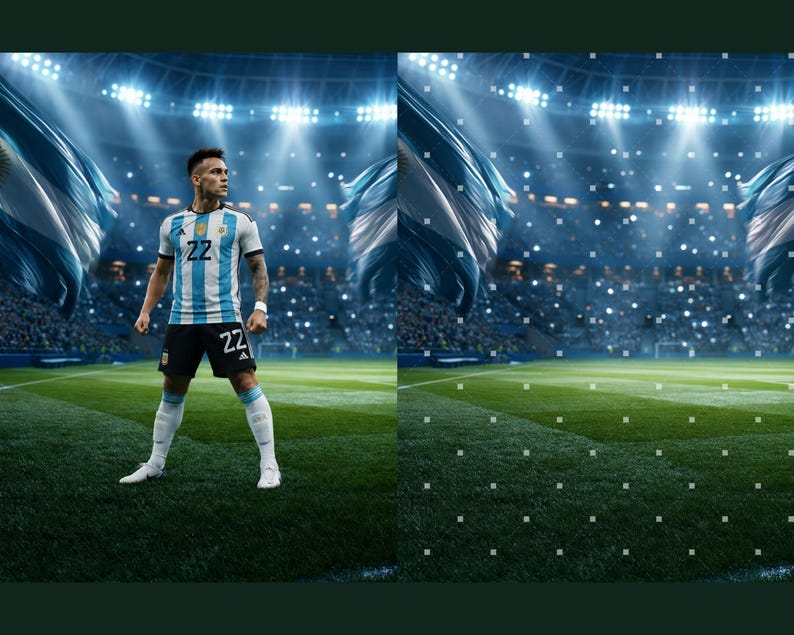 Puede incluir: Un jugador de f&uacute;tbol con una camiseta a rayas azul claro y blanca con el n&uacute;mero 22, pantalones cortos negros y calcetines blancos de pie en un campo de c&eacute;sped dentro de un gran estadio con luces brillantes y banderas de fondo.