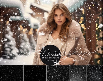 70 Realistic Falling Snow Photoshop Overlays, Christmas Snowflakes Backdrop Pack, Snowfall Effect for Photo Editing, Winter Lightroom Brushe