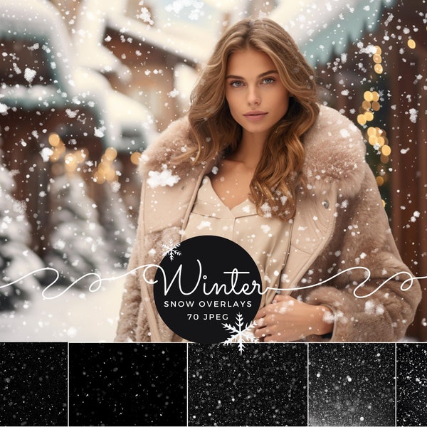 70 Realistic Falling Snow Photoshop Overlays, Christmas Snowflakes Backdrop Pack, Snowfall Effect for Photo Editing, Winter Lightroom Brushe