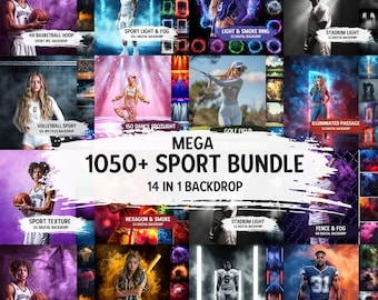 1050+ All Sports Backdrops Bundle | Basketball, Volleyball, Baseball and Golf Sport Backgrounds | Neon Lights, Stadium & Field Light Overlay