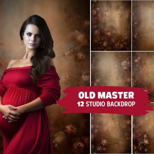 May include: A pregnant woman in a red off-the-shoulder dress stands in front of a floral backdrop. The backdrop features a vintage, painterly style with muted colors and a faded look. The text "OLD MASTER 12 STUDIO BACKDROP" is visible in the image.