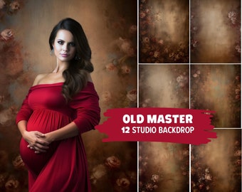May include: A pregnant woman in a red off-the-shoulder dress stands in front of a floral backdrop. The backdrop features a vintage, painterly style with muted colors and a faded look. The text "OLD MASTER 12 STUDIO BACKDROP" is visible in the image.