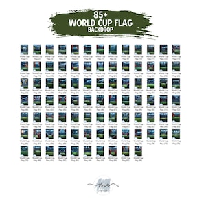 Puede incluir: Una colecci&oacute;n digital de 88 im&aacute;genes de fondo de banderas de la Copa del Mundo dispuestas en una cuadr&iacute;cula. El texto 85+ WORLD CUP FLAG BACKDROP aparece en la parte superior en blanco sobre un fondo de pincelada verde oscuro. Cada imagen peque&ntilde;a muestra un estadio.