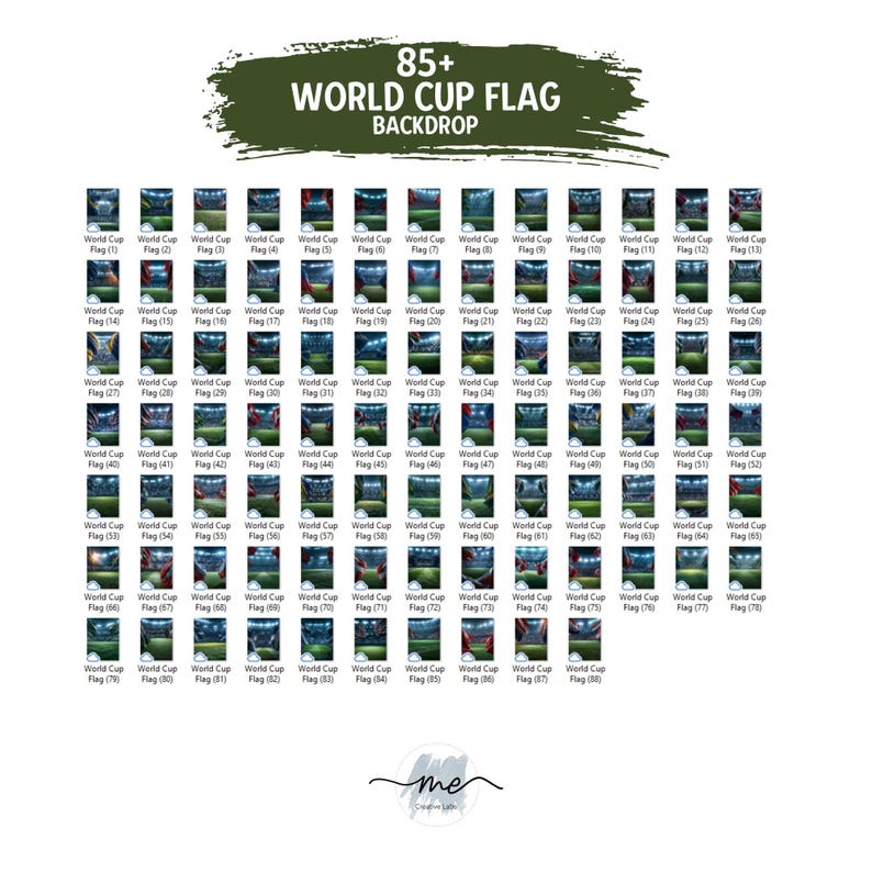 Puede incluir: Una colecci&oacute;n digital de 88 im&aacute;genes de fondo de banderas de la Copa del Mundo dispuestas en una cuadr&iacute;cula. El texto 85+ WORLD CUP FLAG BACKDROP aparece en la parte superior en blanco sobre un fondo de pincelada verde oscuro. Cada imagen peque&ntilde;a muestra un estadio.